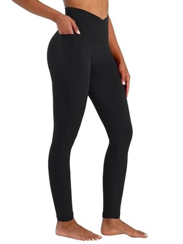 Sunzel Butt Lifting Scrunch Leggings for Women with Pockets No Front Seam Crossover Workout Booty Yoga Pants Tummy Control 28" Inseam Black Medium
