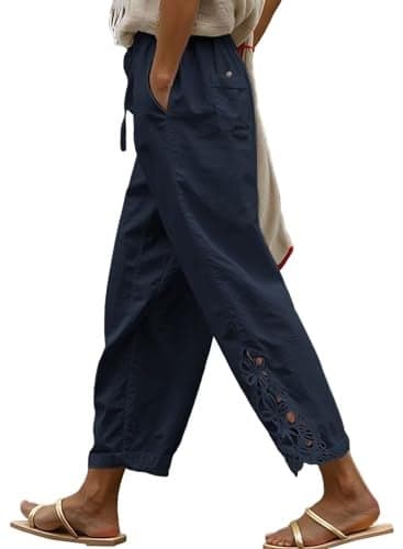 Acelitt Women Casual Linen Pants Lightweight Drawstring Elastic Waist Fall Fashion 2025 Beach Capri Pants Trousers Blue Large