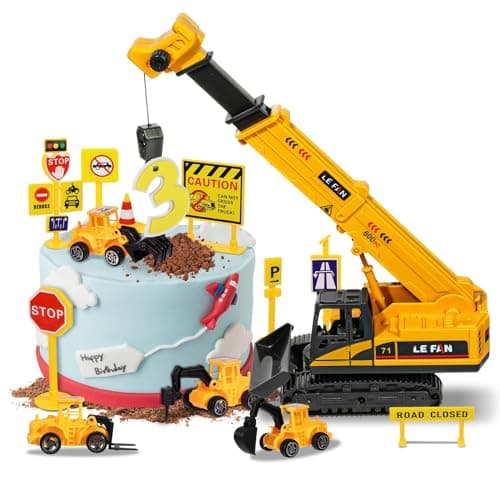 RAYNAG 16 Pieces Construction Cake Topper Vehicles Cake Decoration Set Construction Birthday Party Supplies Large Crane Excavator Traffic Road Sign Cake Topper for Birthday Party Supplies Favours