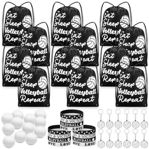 MiniInflat 48 Pcs Volleyball Party Favors for Kids Volleyball Team Gifts Bulk Include 12 Drawstring Bags 12 Keychain 12 Silicone Bracelets 12 Mini Stress Ball for Birthday Sport Supplies Decoration