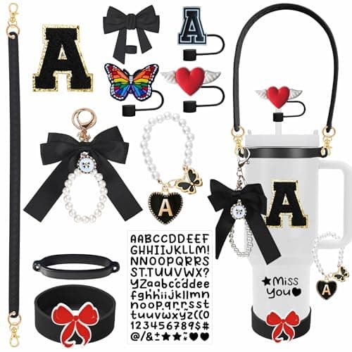11PCS Accessories Set for Stanley Cup – Handle Strap, Silicone Boot, Straw Covers, Cup Charms, Letter Stickers, Personalized Tumbler Accessories for 30oz/40oz (A, Black)