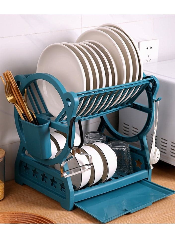 2-Tier Dish Drying Rack with Utensil Holder & Cup Stand, Stainless Steel Dish Drainer for Kitchen Counter, Space-Saving Plate Organizer