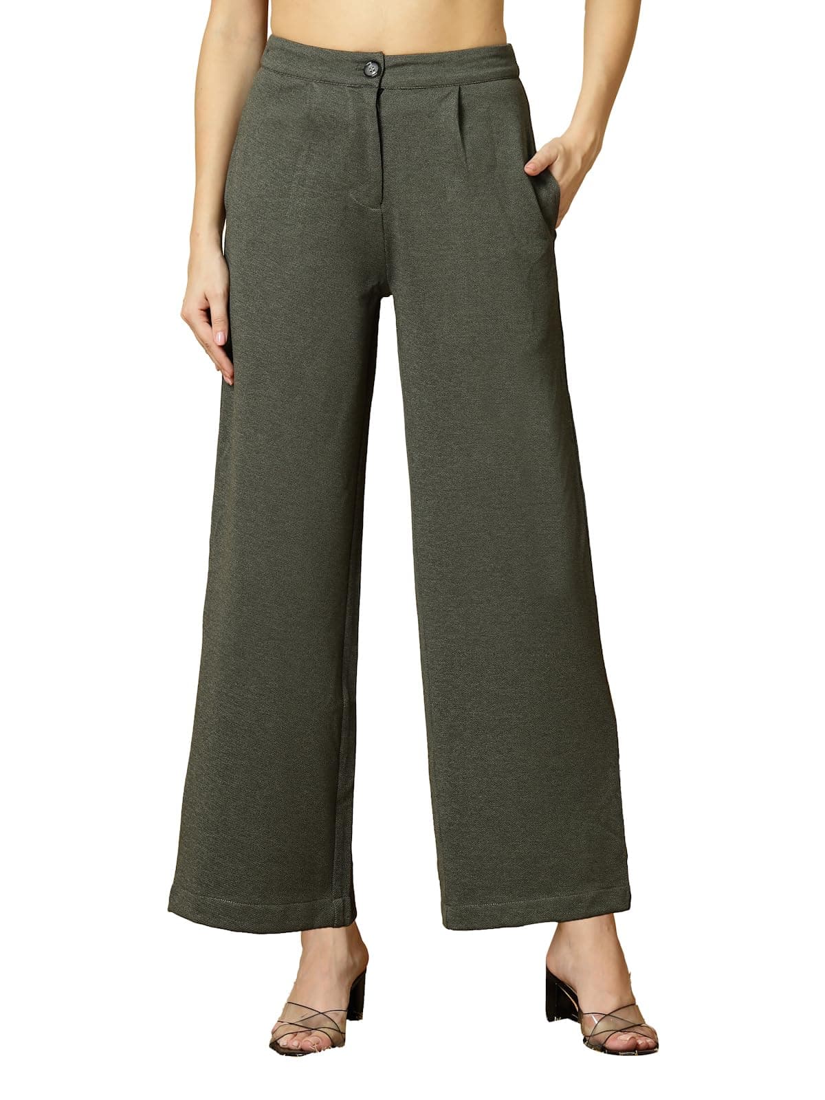 Women's Wide Leg Pants | Solid Green Stretchable Polyester Trousers | Stylish Korean Clothing | Flared, Straight Fit, Baggy, and Loose Jeggings for Girls and Women
