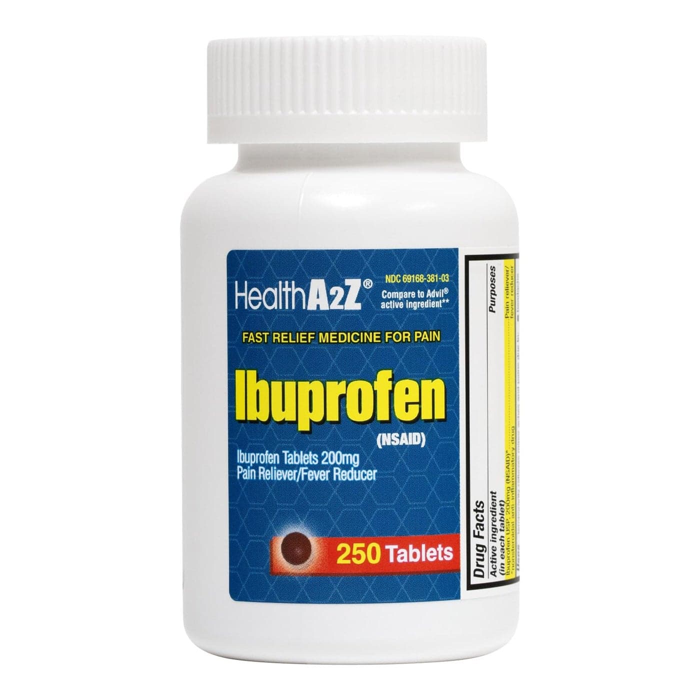 HealthA2Z Ibuprofen 200mg Pain Relief Body Aches Headache Arthritis Cramps Back Pain Fever Reducer 250 Count