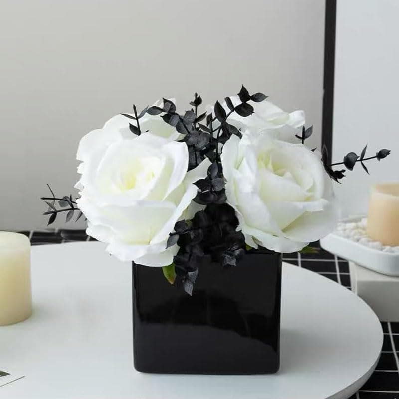LADADA Artificial Flowers with Small Ceramic Vases Roses in Vases Plastic Artificial Flowers and PlantsUsed for Home Office Wedding Decoration Table DecorationWhite
