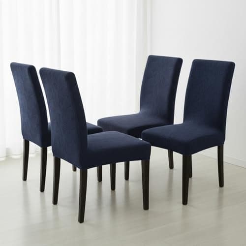 House of Quirk Stretch Jacquard Dining Chair Cover – Universal Fit, 220 GSM, Removable & Washable Short Seat Slipcover Protector (Navy, Pack of 4)