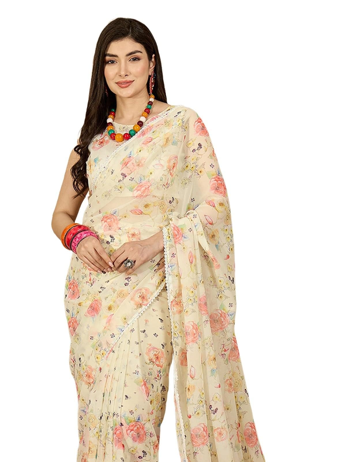 Satrani Women's Georgette Floral Printed Saree with Unstitched Blouse Piece (4817S153N_Light Yellow)