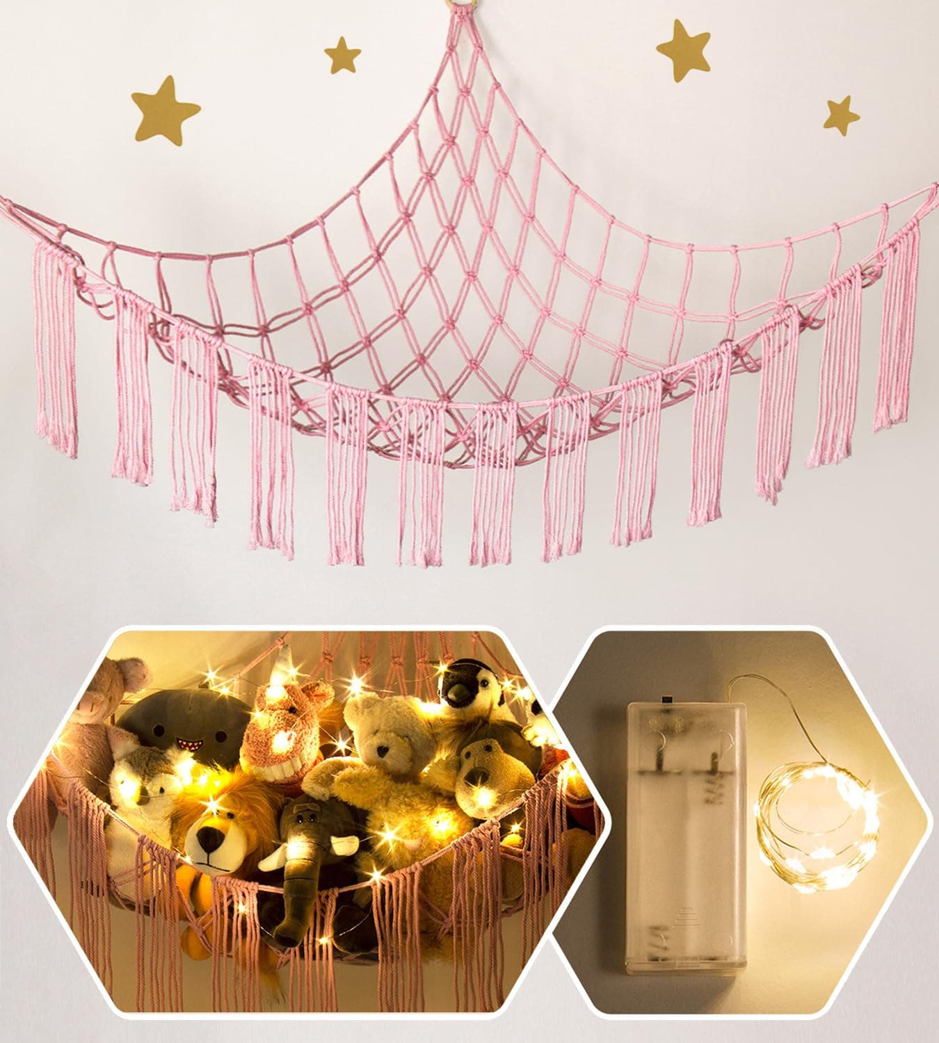 Stuffed Animal Hammock Corner Net with LED Light Toy Storage Holder Pink Cute Room Bedroom Decor for Teen Girls Cute Bedroom Aesthetic Stuff for Baby Nursery Toddler Kids 8 10 12 Years Old