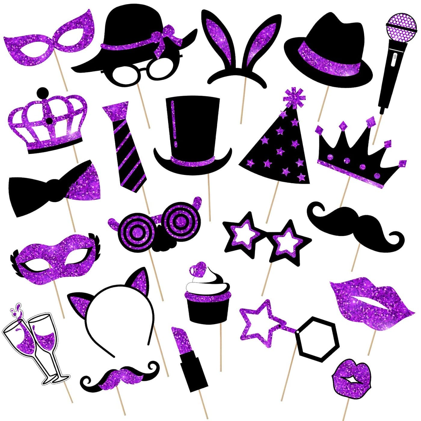 Zonon 24 Pieces Funny Photo Booth Props for Birthday Weddings Graduation Party Supplies Prom Disco Mardi Gras Party Supplies Mix of Hats Lipstick Tie CrownsBlack and Purple