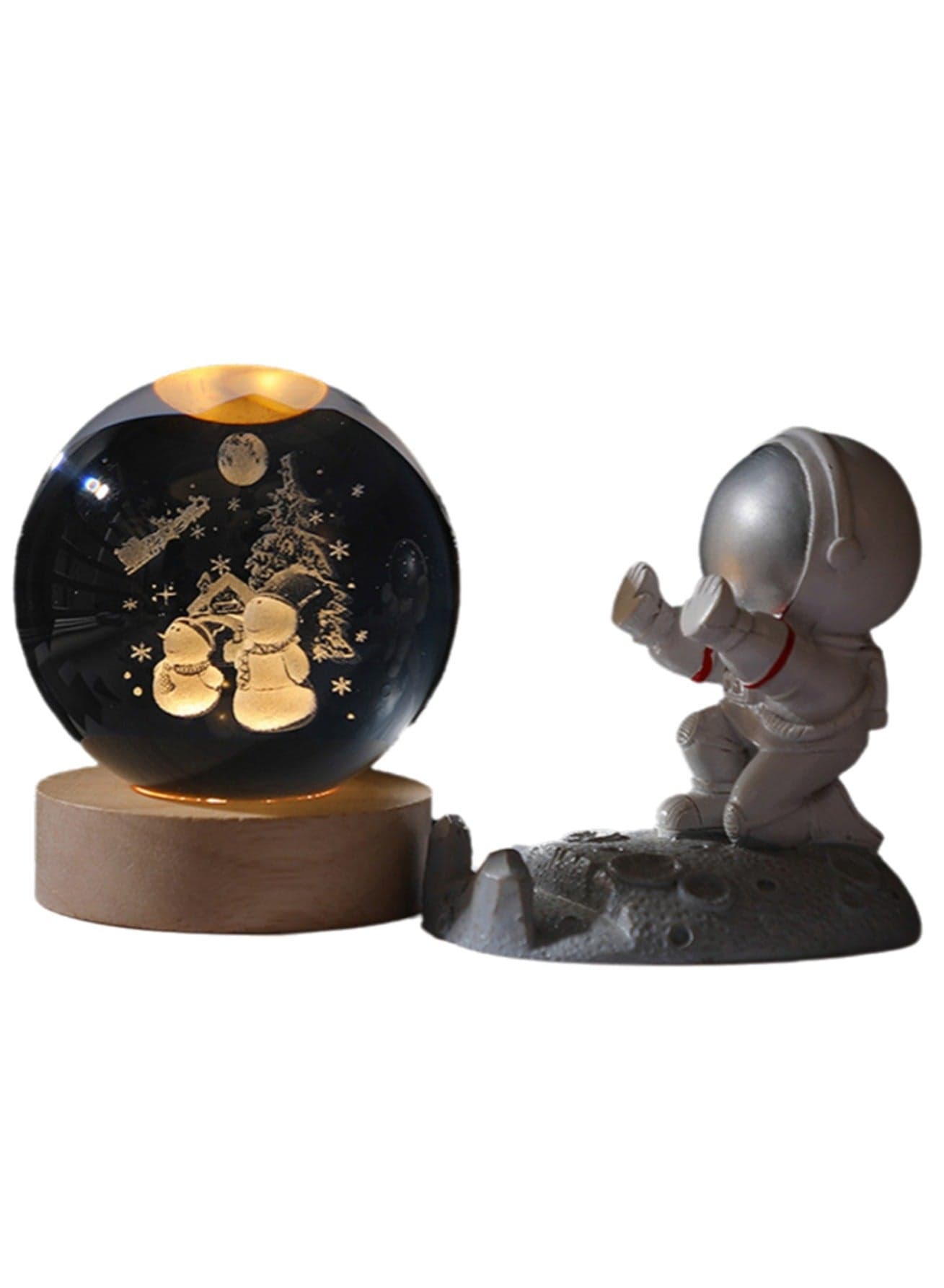 Snowman With Astronaut 3d Crystal Ball Night Light Transparent Galaxy Led Lamp With Wooden Base Glass Ball Decorative Night Light With Touch Switch Table Lamp Decorative Light Gift For Home Desktop Decoration