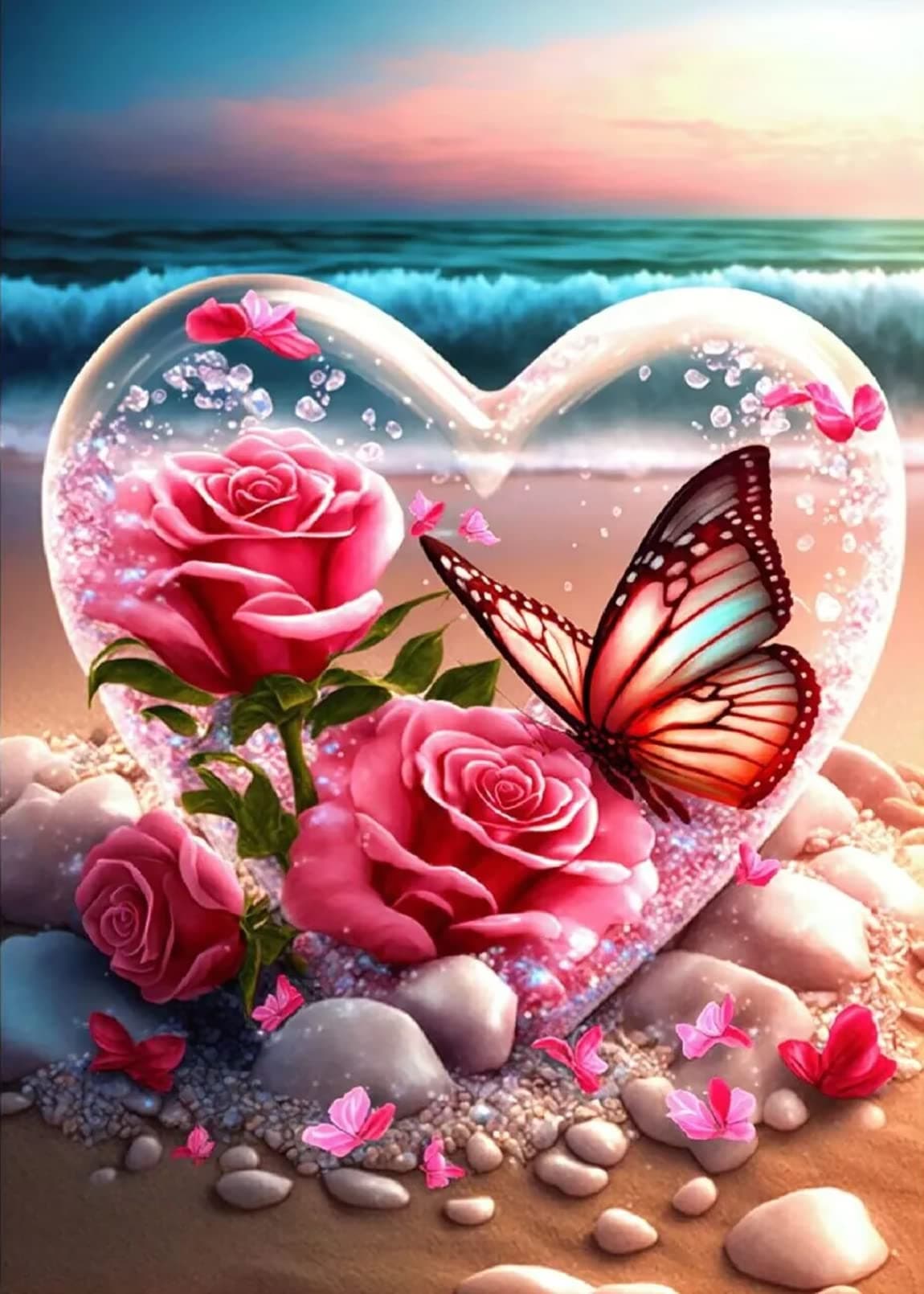 KINPLUB Beach Diamond Painting Kits for Adults Flowers Heart Diamond Art Kits 5D DIY Full Drill Seaside Butterflies Paint with Diamonds Crystal Gem Art for Home Wall Decor 12 x 16 Inch