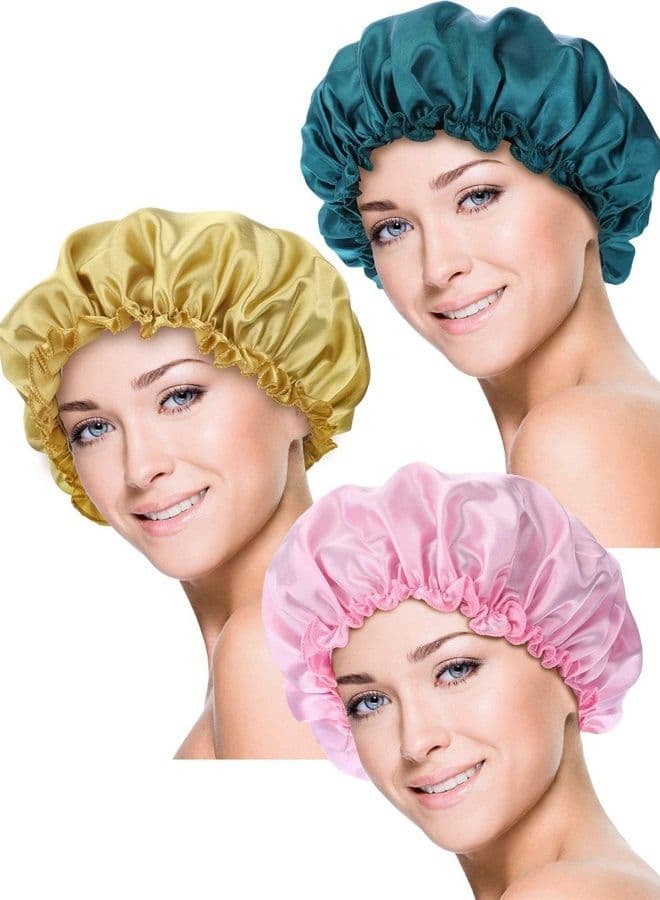 3 Pieces Sleep Cap Satin Bonnet Night Sleeping Soft Hair Turbans for Women and Girls (Gold Pink Peacock Blue)