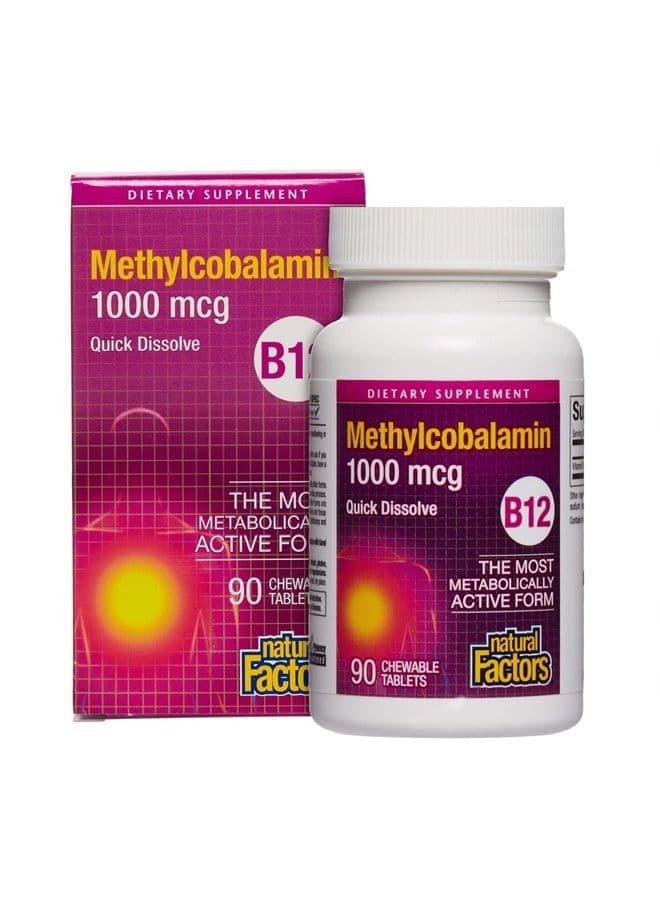 , Vitamin B12 Methylcobalamin 1000 mcg, Chewable Support for Energy and Immune Health, Vegetarian, Gluten Free, 90 tablets (90 servings)