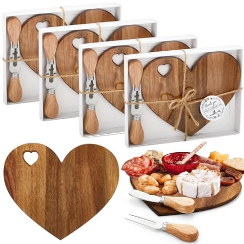 Patelai 4 Set Bridal Baby Shower Favor Heart Cheese Board with Knife, Wood Mini Charcuterie Board Thank You Gift Box for Guest Bridal Baby Shower Prize Wedding Valentines Birthday (Acacia Color)