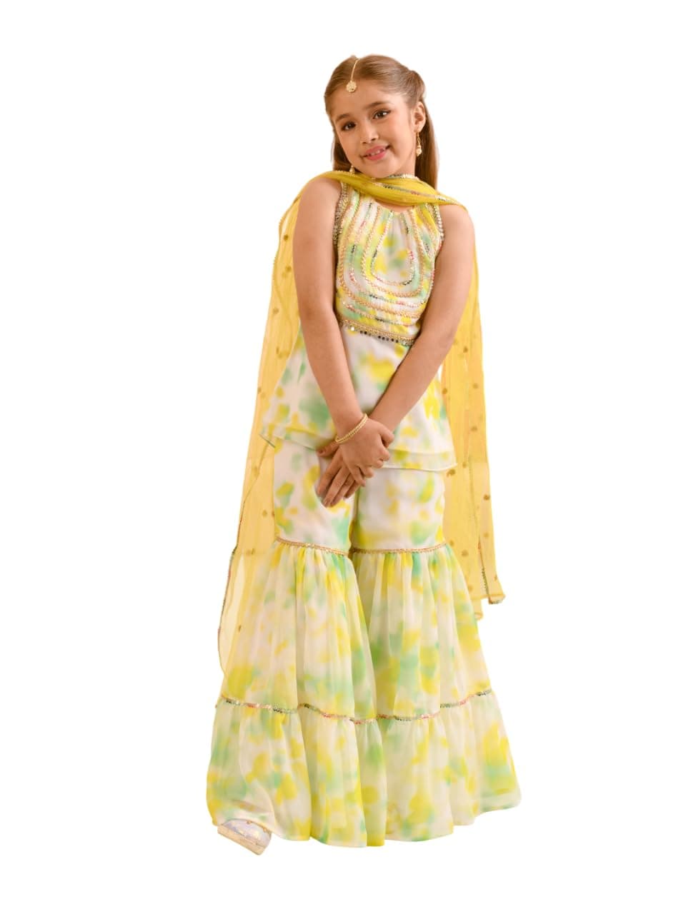 Pspeaches Girls Sleeveless Round Neck Tie & Dye Kurta And Sharara With Dupatta 3 Piece Set|Ethnic Wear For Kids Girls|Traditional & Festive Outfit 12-13 Year Multicolor