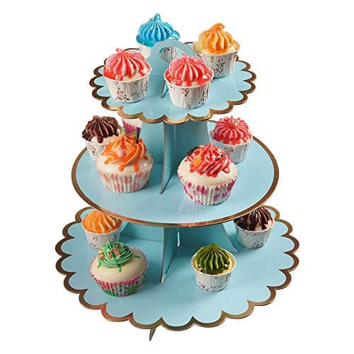 YLDW 3-Tier Cupcake Stand, Lace Trim Cake Stand holder, Tiered DIY Cupcake Stand Tower for Dessert Table Displays, Birthday Theme Party Favors Decoration, Floral Tea Party, 12"W x 12.8"H, Light Blue