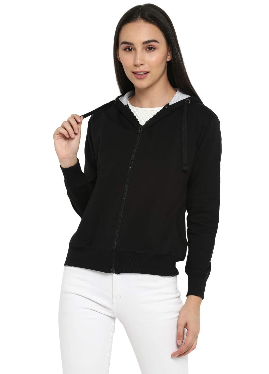 Alan Jones Clothing Women's Solid Zipper Hooded Sweatshirt | Front Zip, Ribbed Hem, Lined Hood, Casual Winter Wear (Black_4XL)