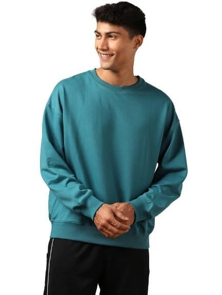 NOBERO Men's Cotton Blend Crew Neck Loose Sweatshirt (1M-TWSS-R0005_Verdigris Blue_Large)