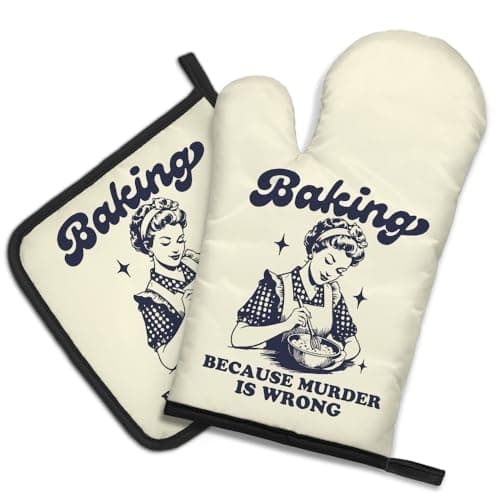 DYJYBMY Baking Because Murder is Wrong Funny Oven Mitts and Pot Holder Set, Humorous Vintage Lady Kitchen Gadgets for Women, Birthday Gifts for Bake Lover Chef, Hostess Gifts for Mom Wife Sister BFF