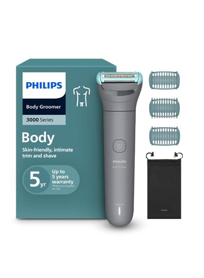 Body Groomer BG3485/15 | Trim & shave body hair & balls | 100% showerproof | Skin-friendly | 2/3/5 mm combs | 80 min cordless | Battery indicator | USB charging | Easy to clean 80min, 3x combs, skin protect-Mid Grey
