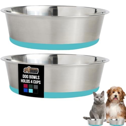 GORILLA GRIP Set of 2 Dog Bowls, Holds 4 Cups (32 fl oz), Heavy Duty Metal Food and Water Bowl for Feeding Dogs and Cat, Dishwasher Safe, Rust Resistant Stainless Steel, BPA Free Rubber Base Turquoise
