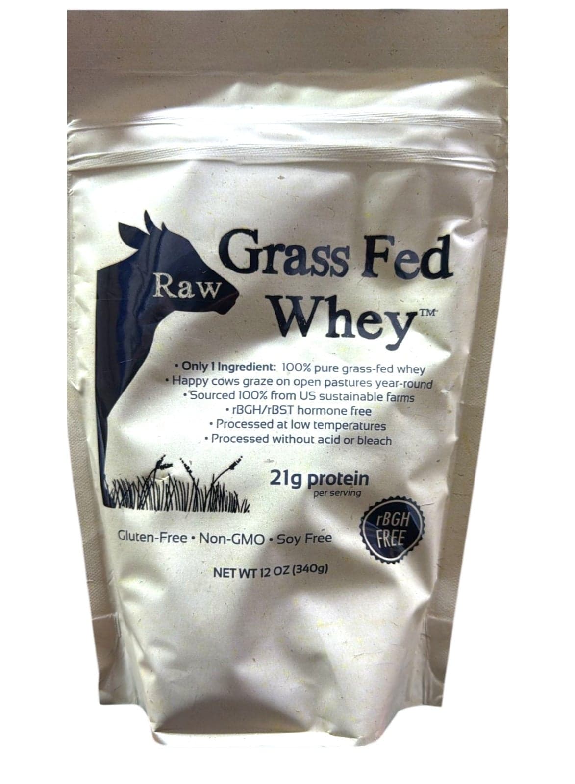 Raw Grass Fed Whey - Happy Healthy Cows, COLD PROCESSED Undenatured 100% Grass Fed Whey Protein Powder, GMO-Free + rBGH Free + Soy Free + Gluten Free + No Added Sugar, Unflavored, Unsweetened (12 OZ)