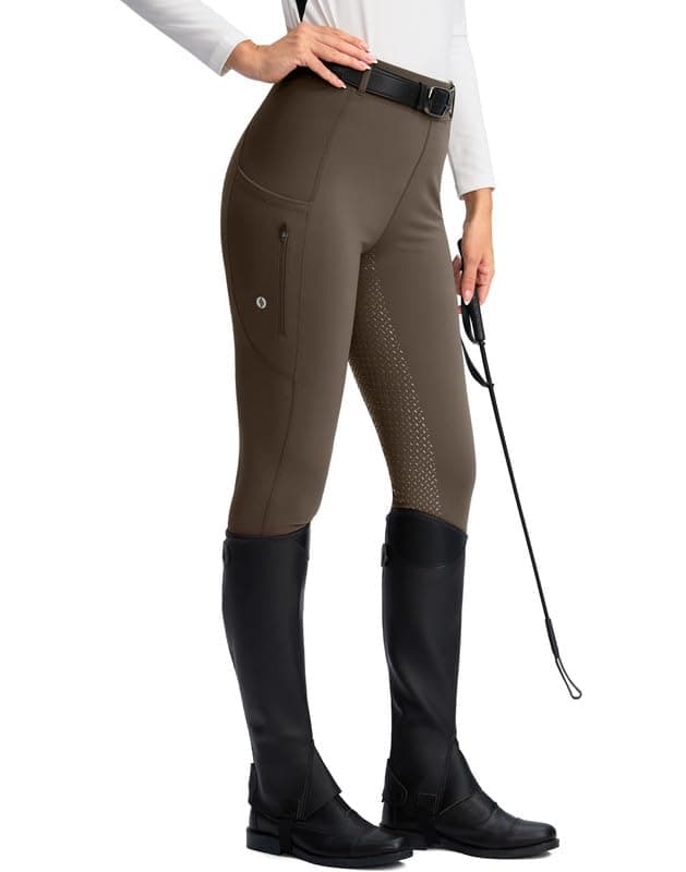 SANTINY Women's Horse Riding Pants Zipper Pockets Silicone Full-Seat Breeches Equestrian Schooling Tights for Women (Brown_XS)
