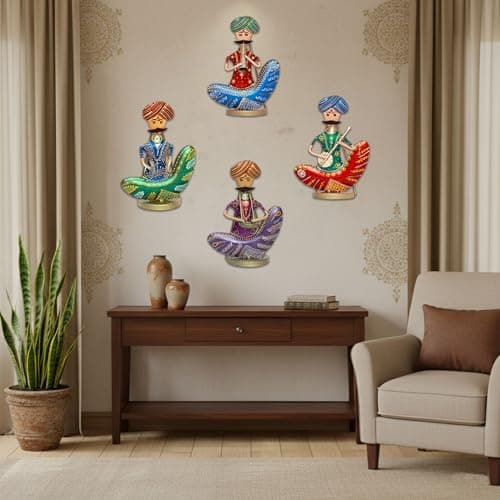 KRAFTSKALA Rhythms of Rajasthan – Pack of 4 Maharaja Mehfil Musician Showpieces | Wall Hanging & Table Top Metal Home Decoration Items for Living Room, Hall & Gifting (9 Inch)