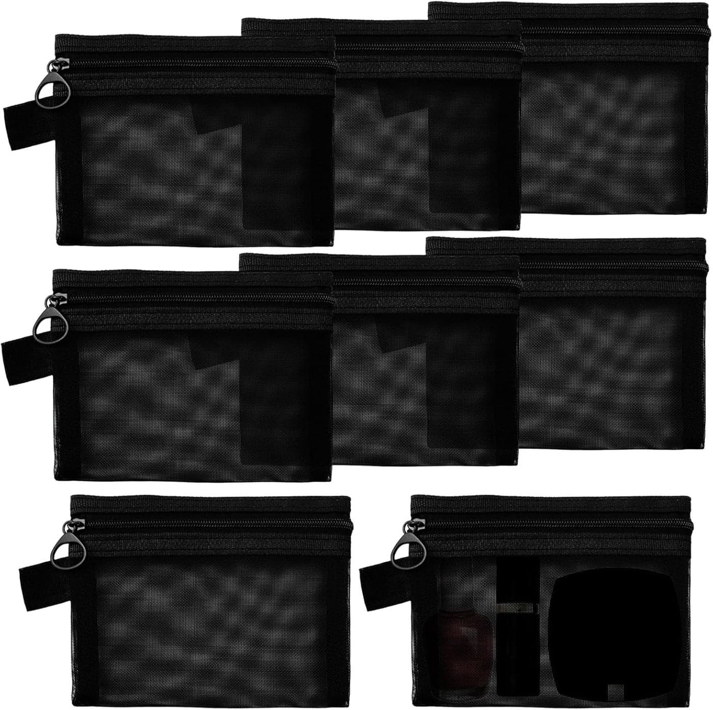 8 PCS Small Zipper Pouch Black Coin Purse Mini Mesh Pouches Cosmetic Bag Travel Portable Makeup Case Mesh Organizing Storage Bags with Keychain for Women