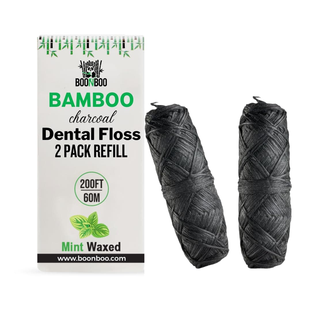 BOONBOO Dental Floss Refill Heads Charcoal Woven Thread Spools 2 Pack 200FT Mint