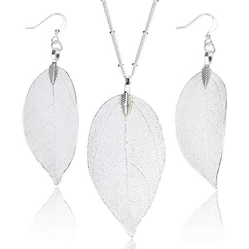BOUTIQUELOVIN Silver Casual Necklaces Earrings Set for Women Dangle Leaf Necklaces Feather Beaded Statement Accessories Costume Jewelry