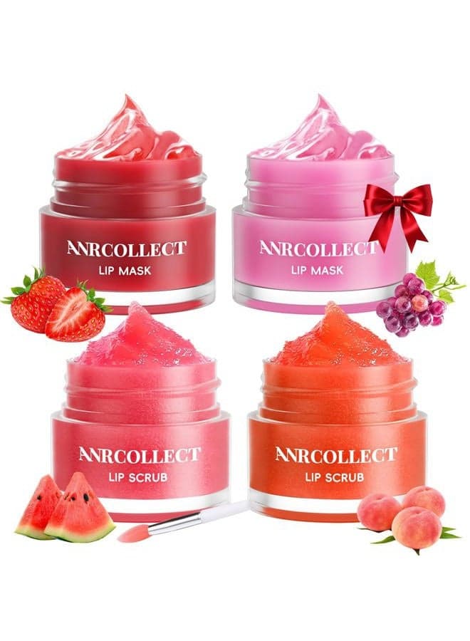 Lip Scrub & Lip Mask - Overnight Treatment Lip Care Kits with 2 Lip Exfoliator & 2 Sleeping Lip Balm, Intense Hydration Lip Set for Dry Chapped Cracked Lips, Exfoliate & Moisturize (4 Pack)