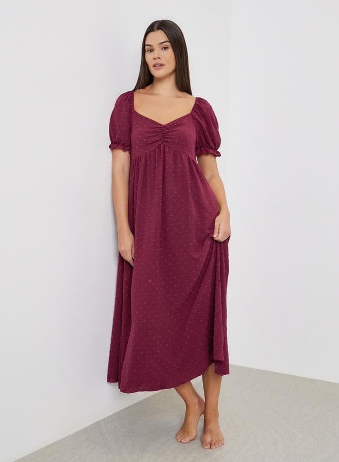 Dobby Pattern Ruched V Neck Nightdress with Puff Sleeves