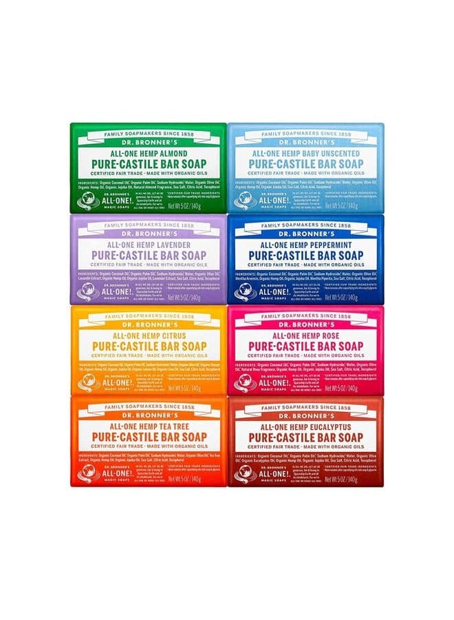 Pure-Castile Magic Bar Soap (5 oz Variety Pack) Almond, Unscented, Lavender, Peppermint, Citrus, Rose, Tea Tree, & Eucalyptus - Made with Regenerative Organic Certified Oils, Vegan