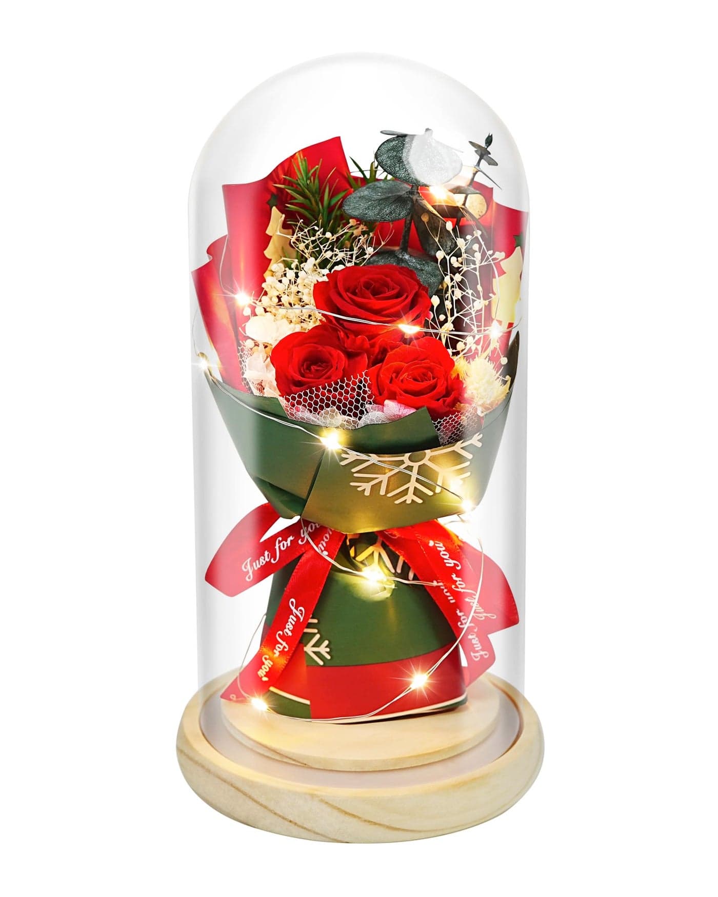 HVY Christmas Day Gifts for Women,Preserved Flowers Bouquet in Glass with LED Light,Flowers Fresh Bouquets for Her,Preserved Rose for Valentine's Day,Anniversary,Birthdays,Red Rose