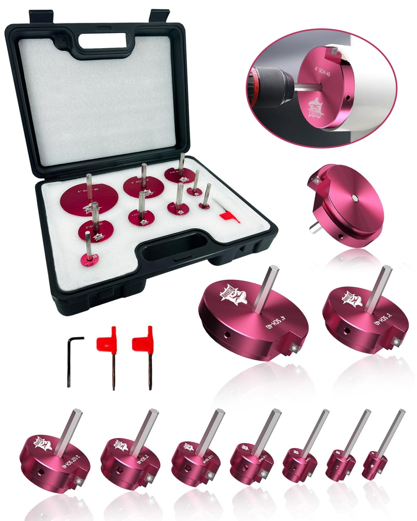 9 Pcs PVC Pipe Reamer Kit, PVC Fitting Saver, Plastic Pipe Fitting Reamer Socket Saver Plumbing Tool Includes 1/2, 3/4, 1, 1 1/4, 1 1/2, 2, 2 1/2, 3, 4 inch for Schedule 40 Fits Standard 1/2" Drill