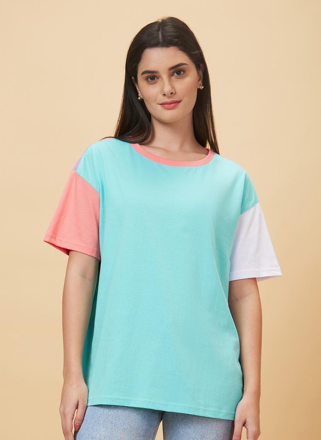 Globus Women Colourblocked Pure Cotton Oversized Casual T-Shirt