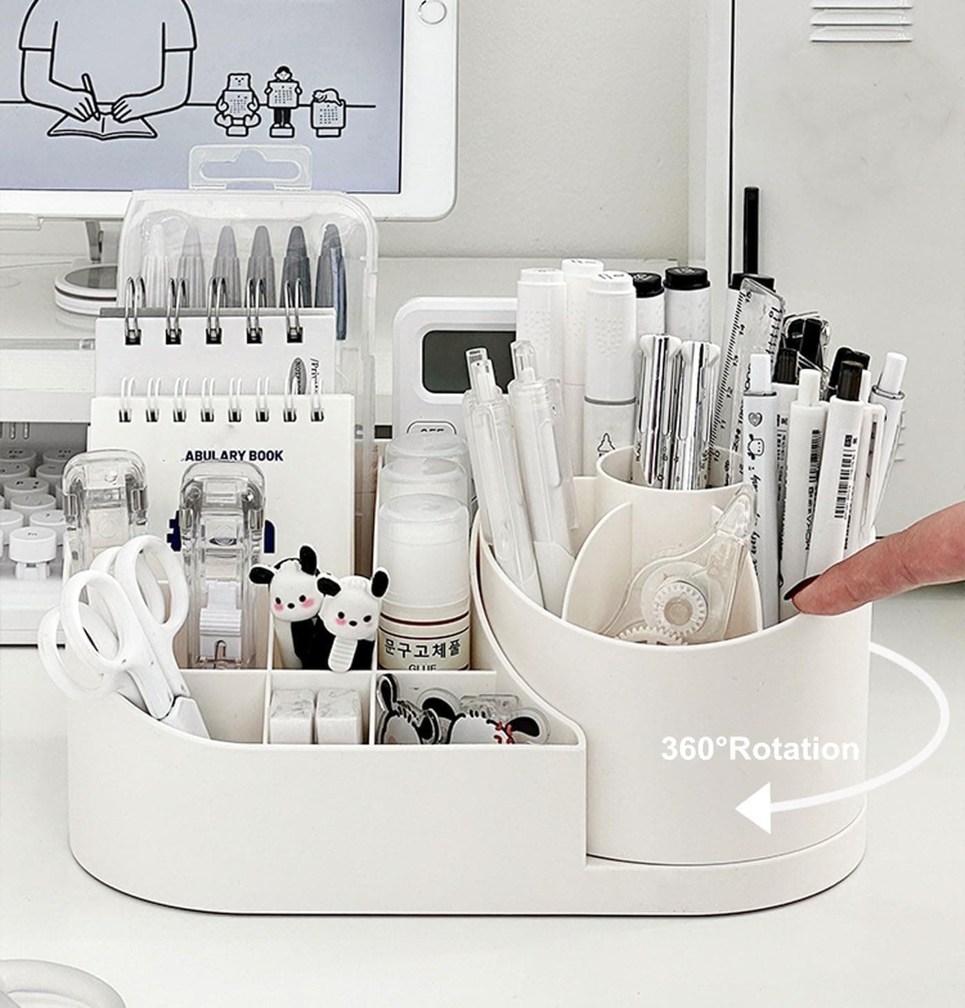 RIOZLOT 360 Rotating Makeup Organizer Cosmetic Lipstick Storage Box with Drawer Plastic Case Holder for Skin Care Beauty Products White Vanity Organizer for Dressing Table