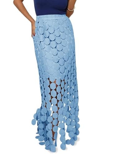 Cicy Bell Womens Hollow Out Maxi Skirts Summer High Waisted Boho Fringe Hem Long Skirt Light Blue