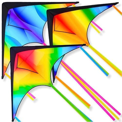 JOYIN 3 Pcs Large Delta Kite Gradient Rainbow Easy to Fly Huge for Kids and Adults with 328ft String Large Delta Beach Kite for Outdoor Games and Activities