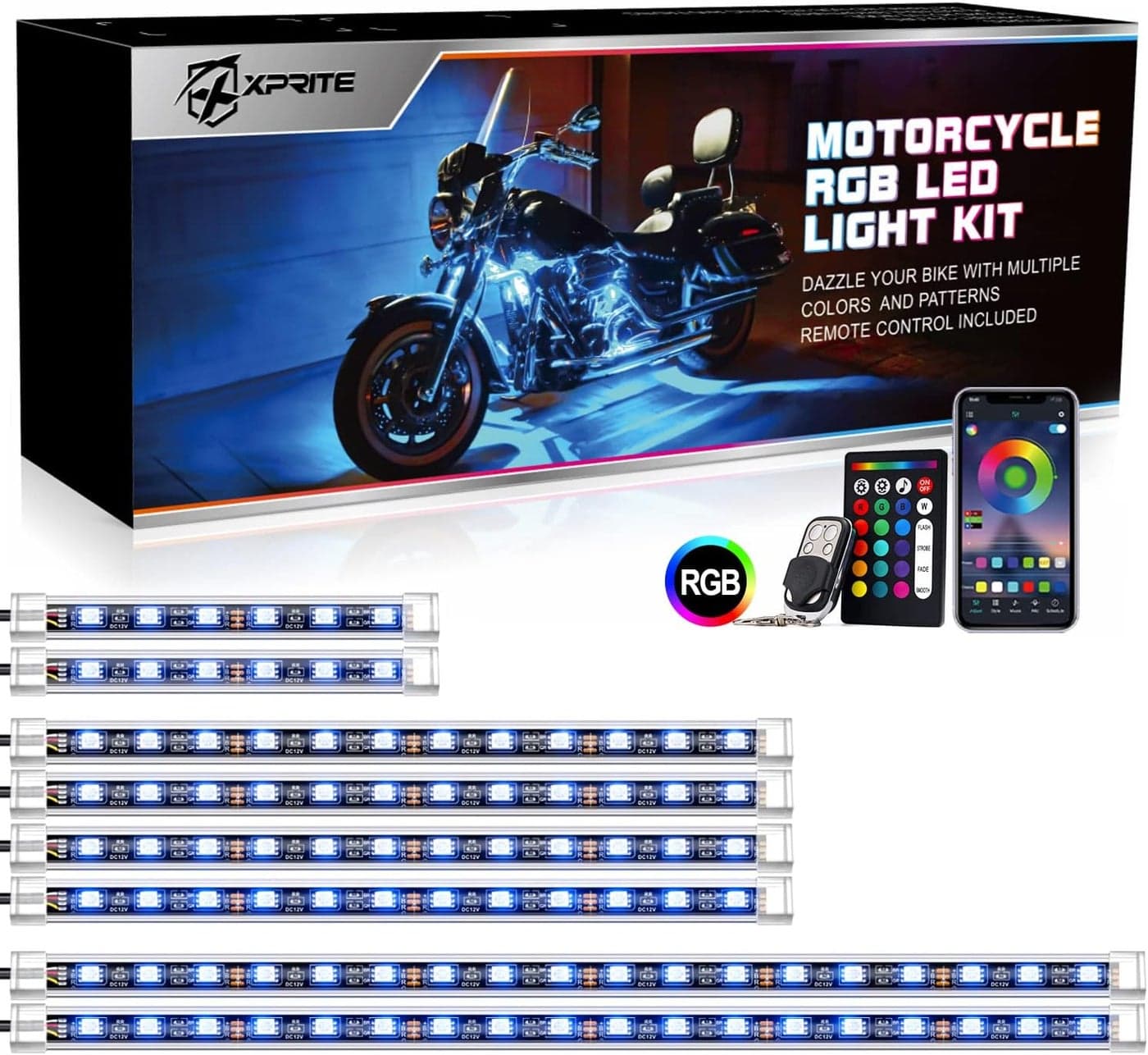 Xprite Motorcycle RGB LED Light Kit with Wireless Remote Control - 8PCS Waterproof Underglow Neon Lights