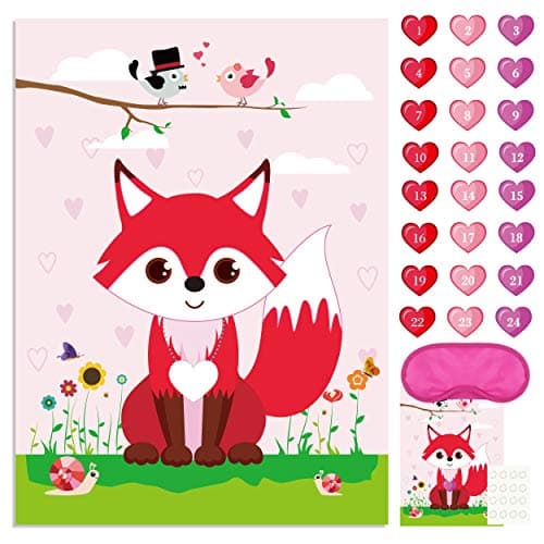 FEPITO Pin The Heart on The Fox Valentines Game with 24Pcs Heart Stickers for Valentines Party Supplies Kids Birthday Party Decoration