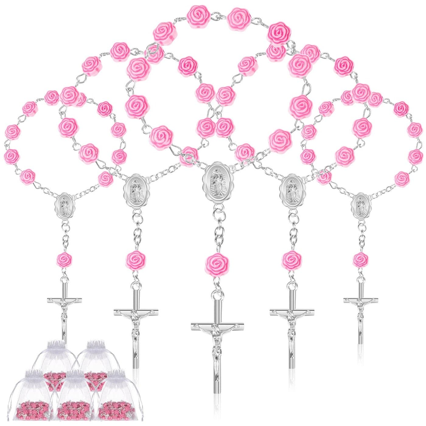 Yinkin 30 Pieces Baptism Rosary Mini Rosary Baptism Favors Finger Baptism Rosaries Pink Rose Shaped Beads Faux Pearls with 30 Organza Bags for Christening Weddings First Communion Party Favors