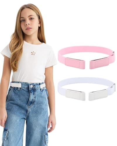 AWAYTR Kids Elastic No Buckle Belt for Girls Toddler for Causal Pants Jeans, White and Pink, Fit Waist 17''-27''