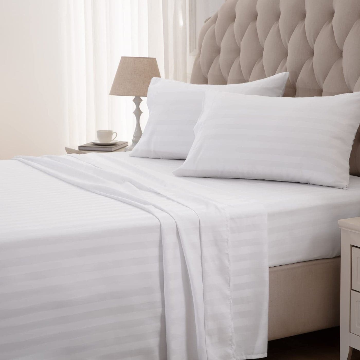 SLEEP ZONE Striped Cooling Sheets Set King Size Fitted Flat Sheet Pillowcase Sets 4 Piece Super Soft Stripe Bed Sheet Easy Care Deep Pocket White King