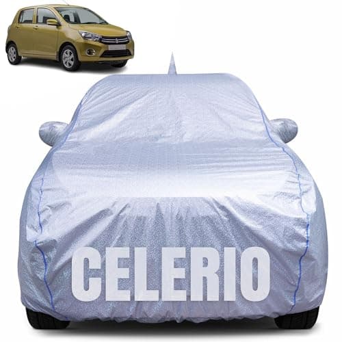 CABIUS 100% Waterproof Car Body Cover for Maruti Suzuki Celerio (2014-2024) with Mirror Pocket, Heat & UV Resistant, Triple Stitched, Soft Lining, Bottom Elastic & Piping (Silver Reflective)