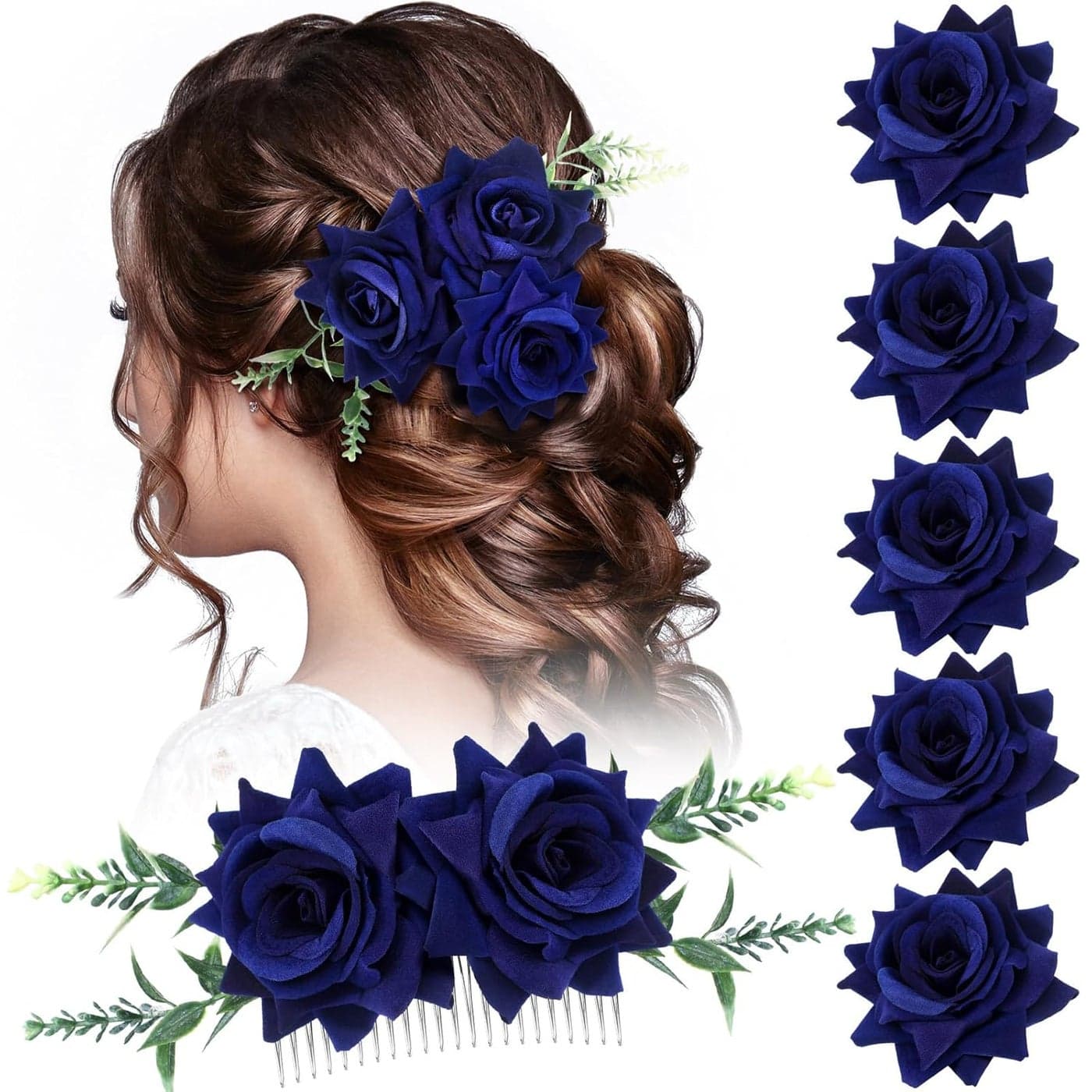 Geyoga Flower Hair Clip Set 6 Pcs Rose Hair Accessories for Women Girls Wedding Dancing Party Navy Blue