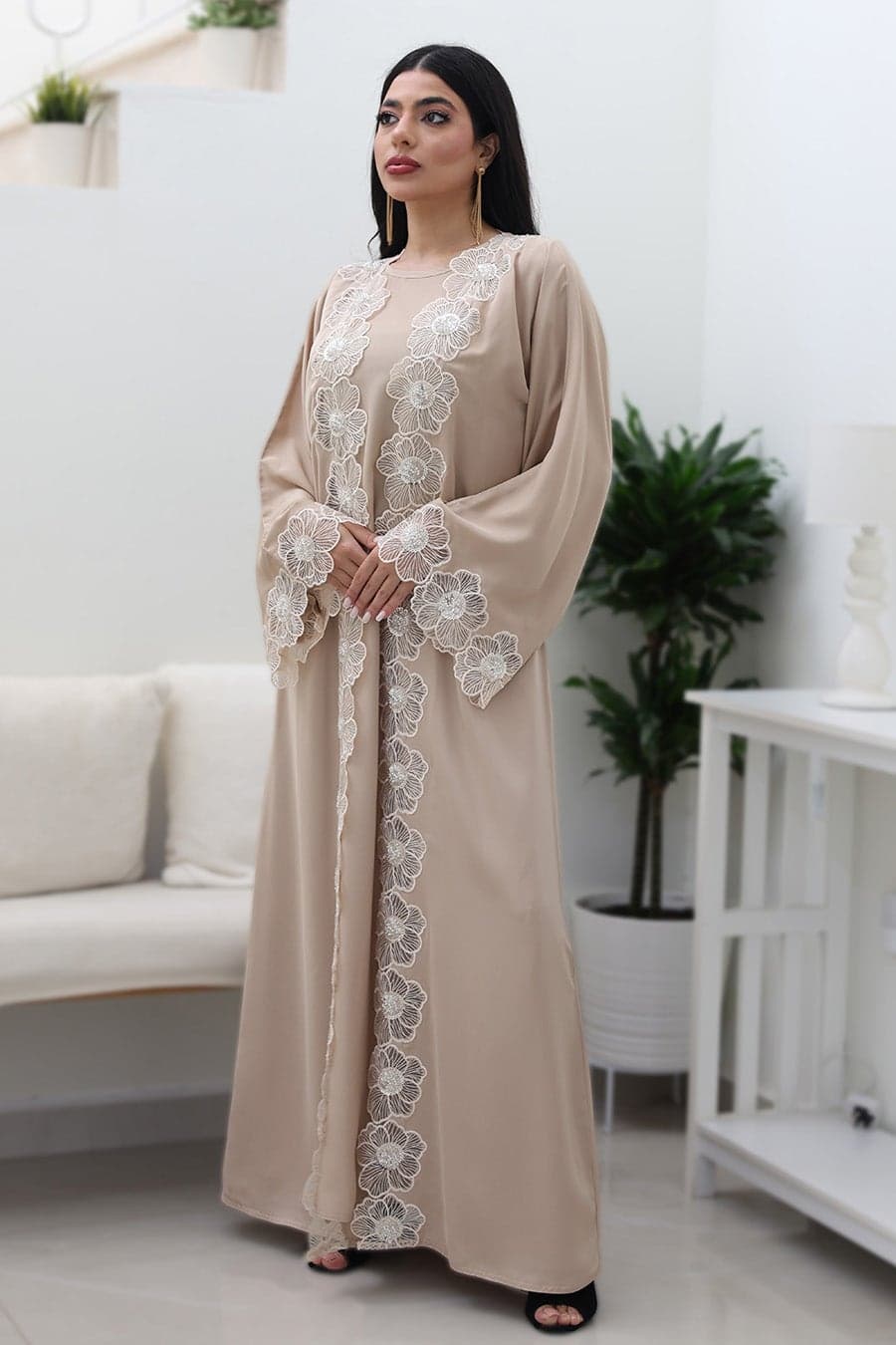 Beige Blossom Abaya-Comes with matching inner-2P744