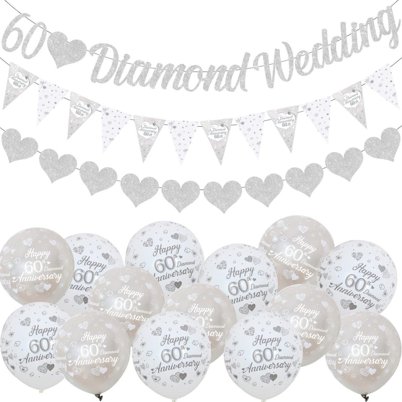 Fangleland 60th Anniversary Decorations, 60th Diamond Wedding Glitter Banners, 60th Anniversary Bunting Flag and Balloons for Anniversary Party Supplies