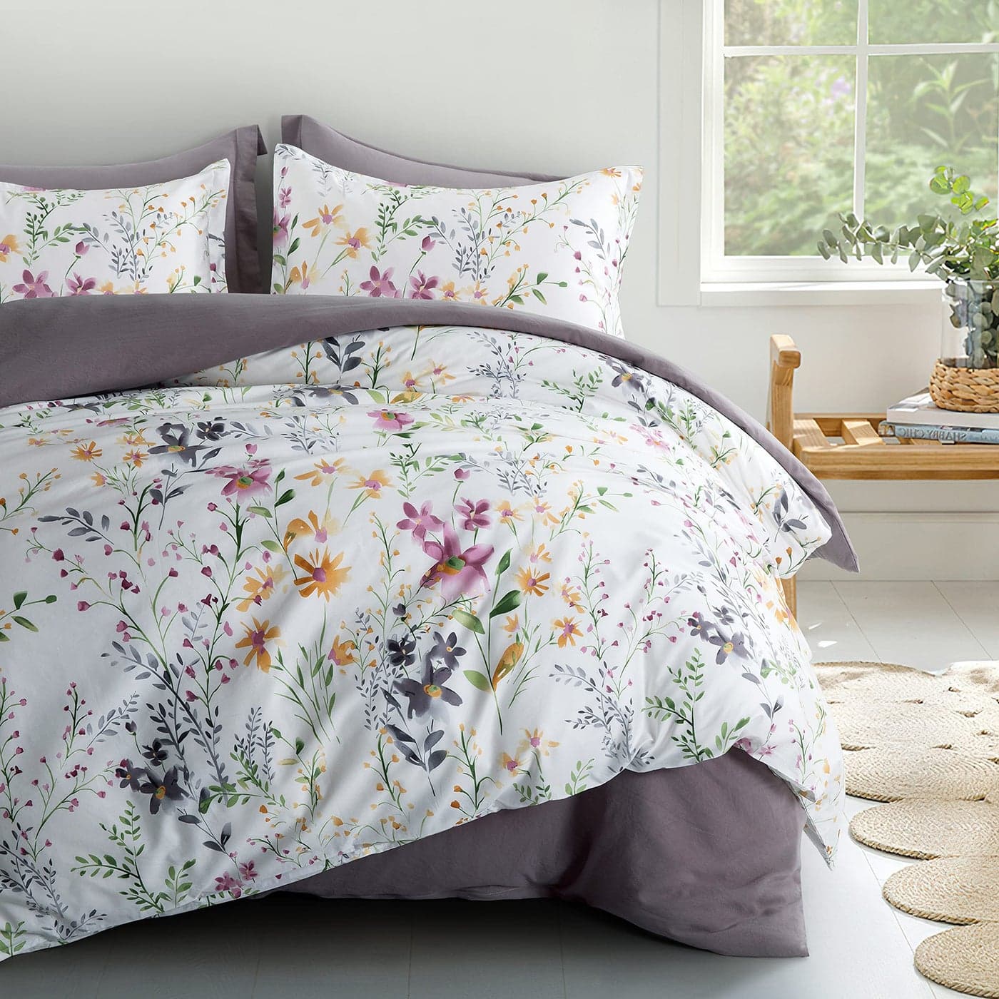 Windflower Bedding Bloomfield Floral Duvet Cover 3pc Set Cotton Botanical Nature Vines Branches Birds Butterflies Multicolored Flowers King White